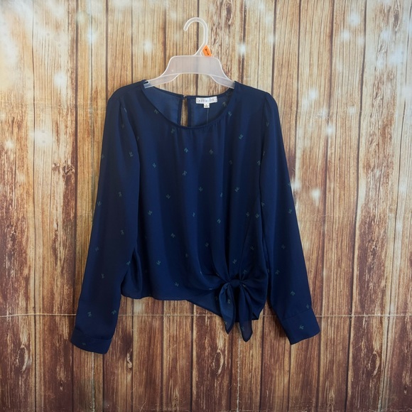 Socialite Women Long Sleeve Cactus Printed Navy Chiffon Knot Front Blouse Small - Picture 4 of 12